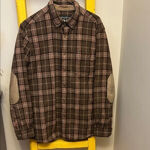 Eddie Bauer Brown and Red Plaid Men's wool flannel Shirt